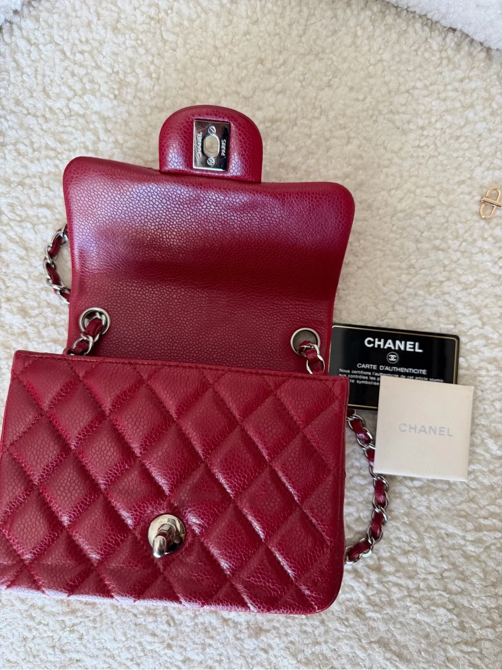 CHANEL Red Quilted Mini Flap Bag with Silver Chain